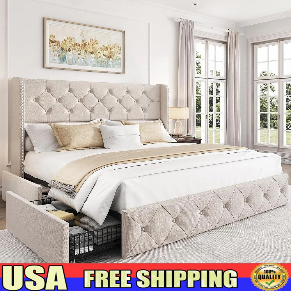 Queen Size Bed Frame with Tufted Headboard 4 Storage Drawers Upholstered Platform Wingback Bed Frame Easy Assembly No Box Spring