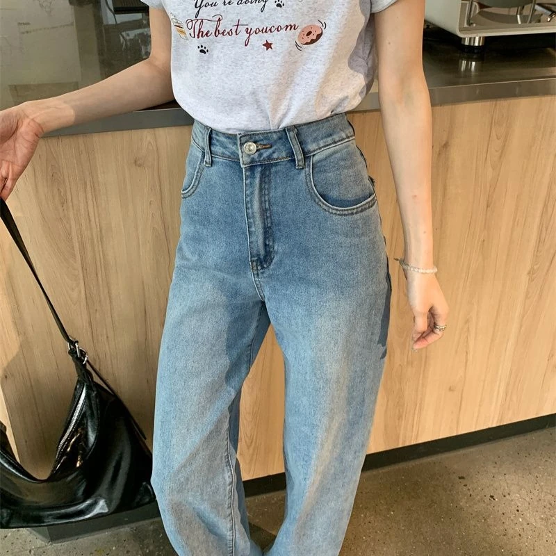بنطال نسائي عتيق عالي الخصر من قماش الدنيم بقصة ضيقة مع جينز كاجوال فضفاض قابل للتمدد طويل ومريح وغير رسمي