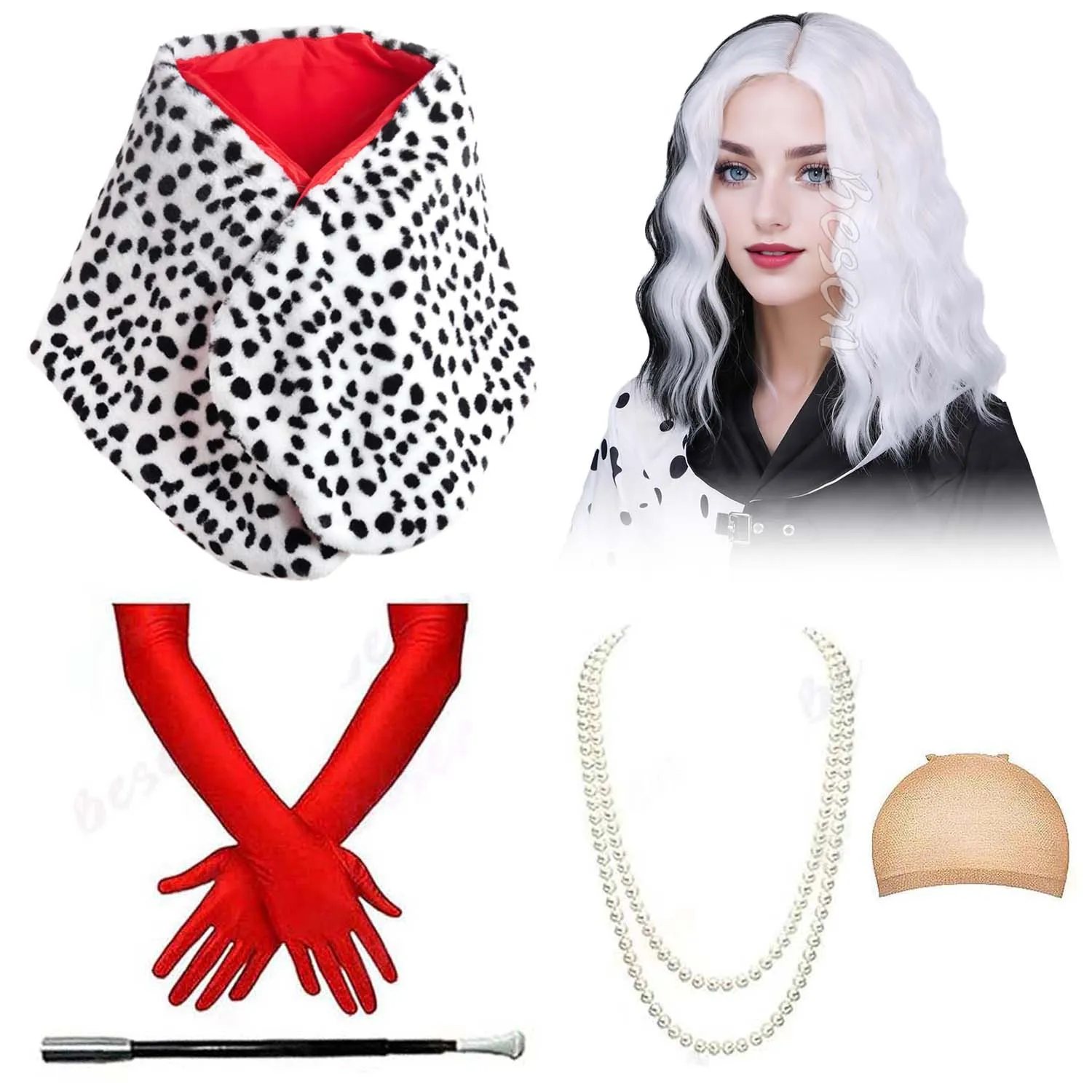 Synthetic Black and White Wig with Dalmatian Shawl,Gloves,Necklace,Short Curly Wigs for Cosplay Halloween,Cruella Deville Wig