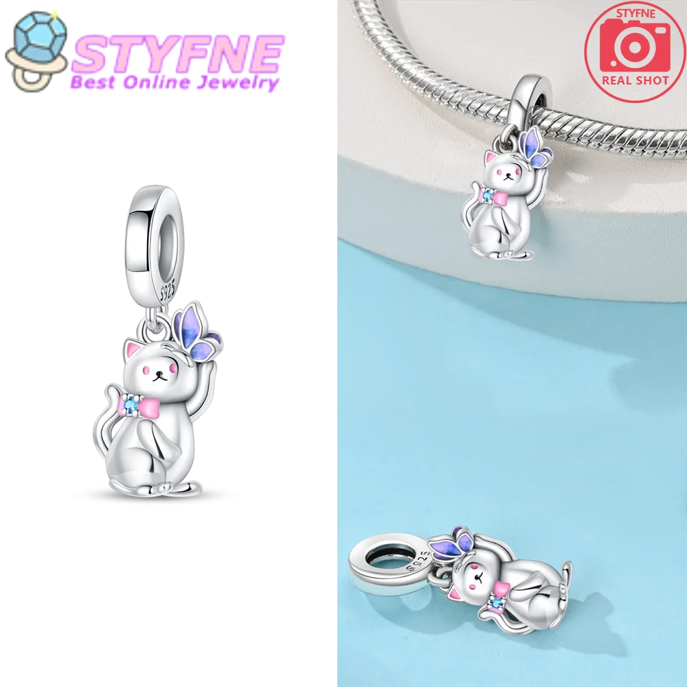 Original 925 Sterling Silver Pink Bow Cat Play Butterfly Charm Fit DIY Bracelet Necklace Women's Exquisite Jewelry Accessories