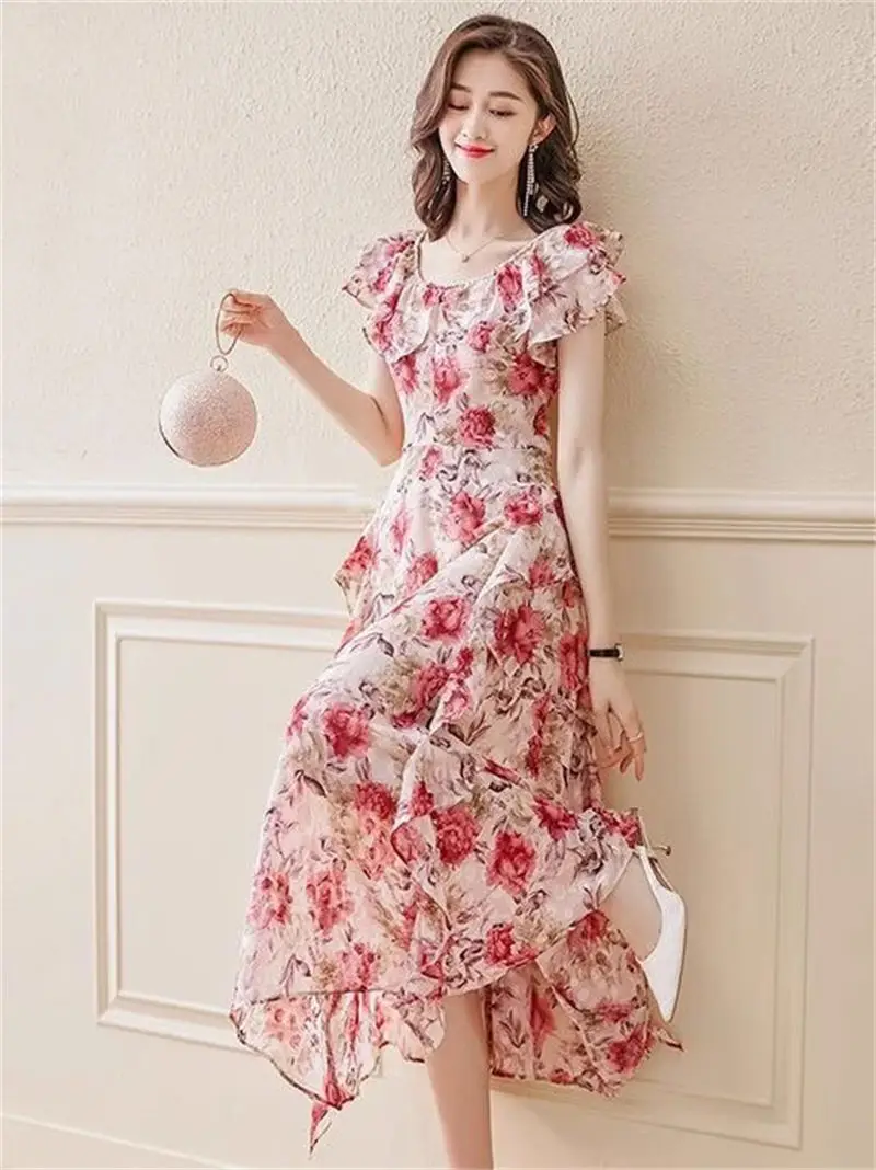 Abito floreale unico e bello per donna Abito estivo modesto dimagrante stile medio-lungo per le vacanze al mare G1252