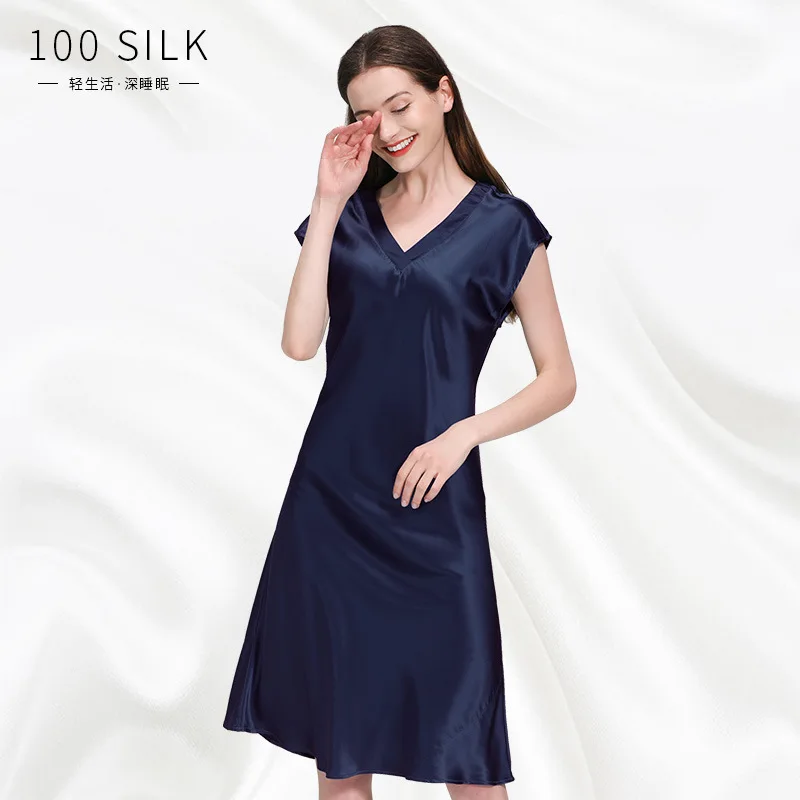 Solid 100% Silk Nightdress 19 Momme Silk Sleep Dress Homewear V-neck European and American Sleepwear Dresses Summer Nightgown