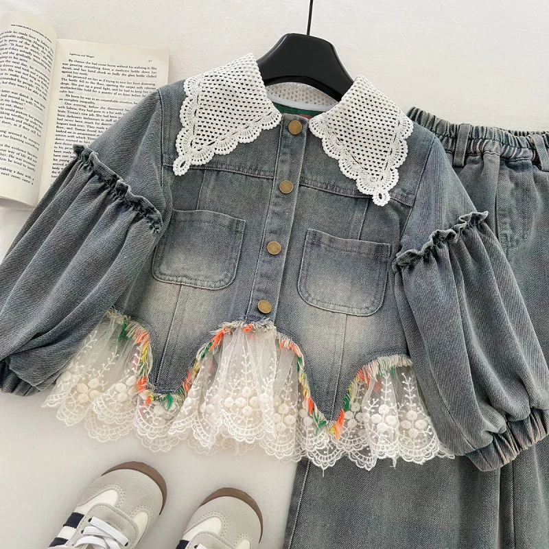 

2025Spring and Autumn Girls' Denim Set Stylish Mesh Patchwork Bowknot Jacket Straight Pants Denim Two-Piece Set