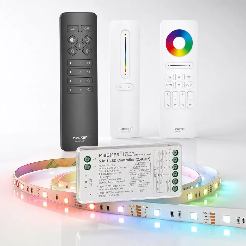 MiBoxer DC12-24V 2.4GHzRF SR5 C1 C3 C4 C5 C8 5In1 Single/Dual white RGB RGBW RGB+CCT COB Smart Led Strip Light Dimmer Controller