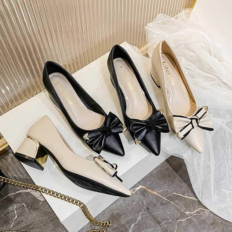 A043 New Large Size Women Pumps Size 35-43 Big Size Female Chunky Heels Dress Shoes Butterfly Knot Ladies Shoes Lady Party Shoes