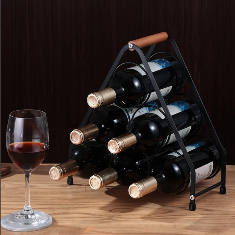 Light Luxury Retro Six Bottle Wooden Handle Hand-held Wine Bottle Rack Desktop Wine Cabinet Decoration Red Wine Display Rack