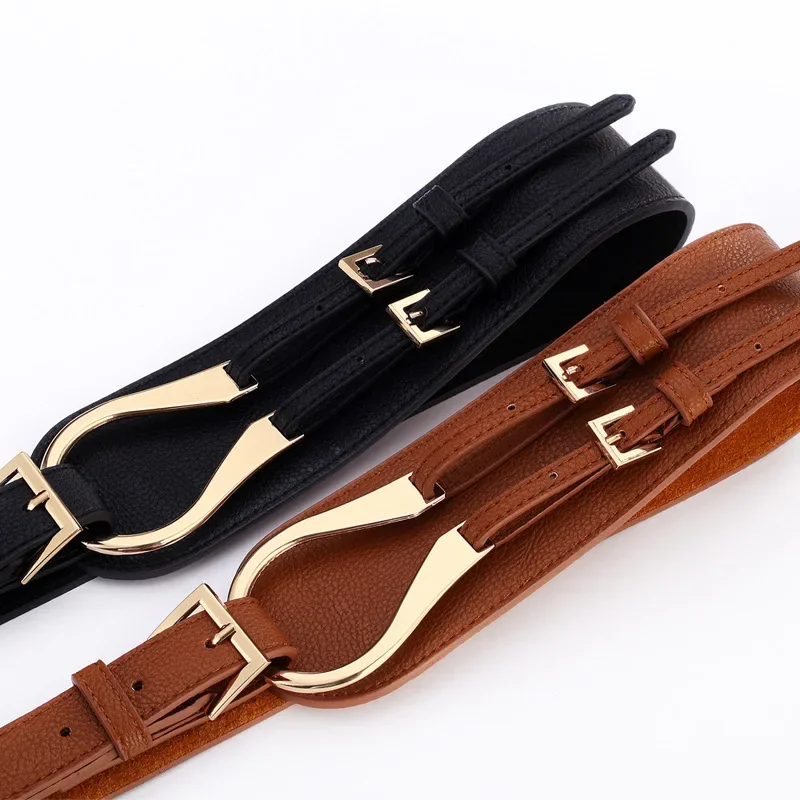 Genuine Leather Wide Waist Corset Belt for Women Diagonal Overlap Reverse Buckle Decorative Waistband for Sweater Dress