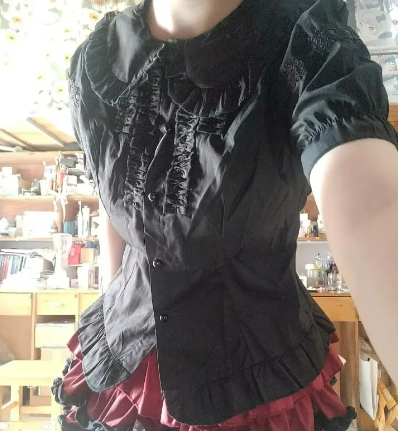 

Summer New Gothic Lolita Shirts Women Japanese Style Sweet Elegant Detachable Long Sleeves Female Blouses Vinatge Slim Tops