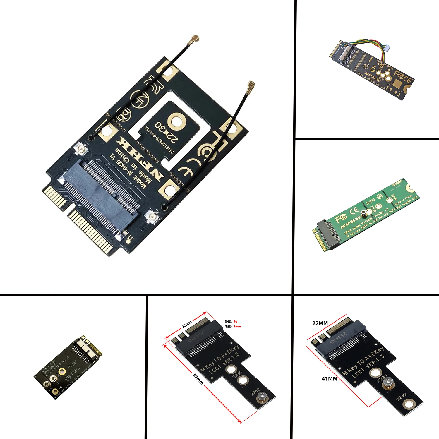 M.2 Key-A/E WiFi Riser Card to Mini PCI-E 68Pin Host PCI Express Converter Adapter for 9260 8265 AC WiFi Bluetooth Wireless Card