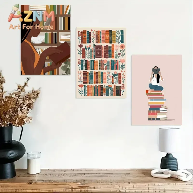 1pc Frameless 1pc Vintage Library Bookshop Canvas Wall Art Poster Book Stacks Book Lovers Gifts Living Room Kitchen Bathroom