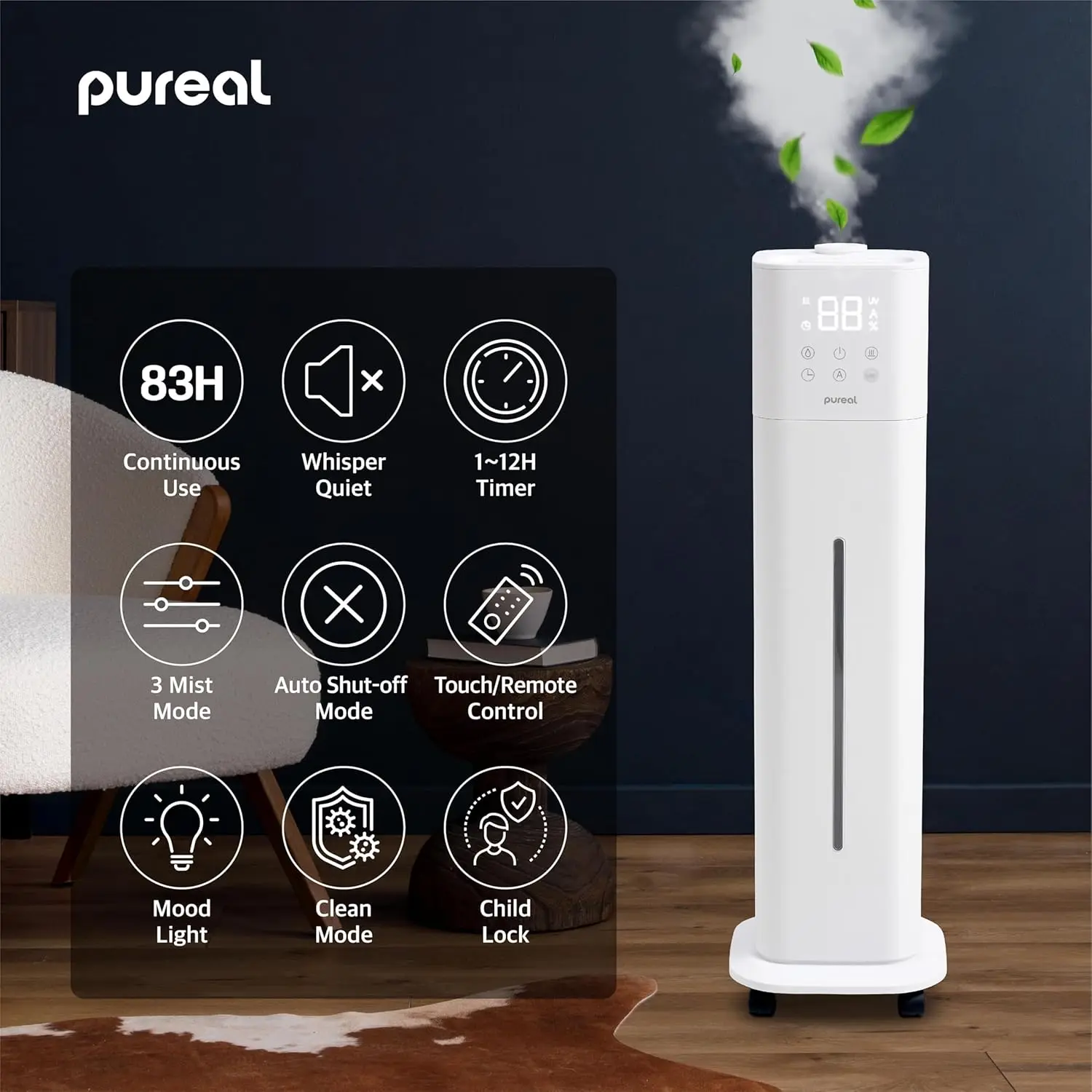 10L Tower Humidifier, 83H Runtime, Warm & Cool Mist, Large Room, Top-Fill Tank On Wheels, Auto Mode, 12H Timer, Remote