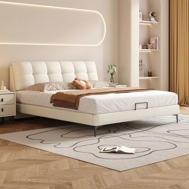 

Bed cream wind modern simple leather master bedroom double bed master bedroom, high-end atmosphere, soft bag bed