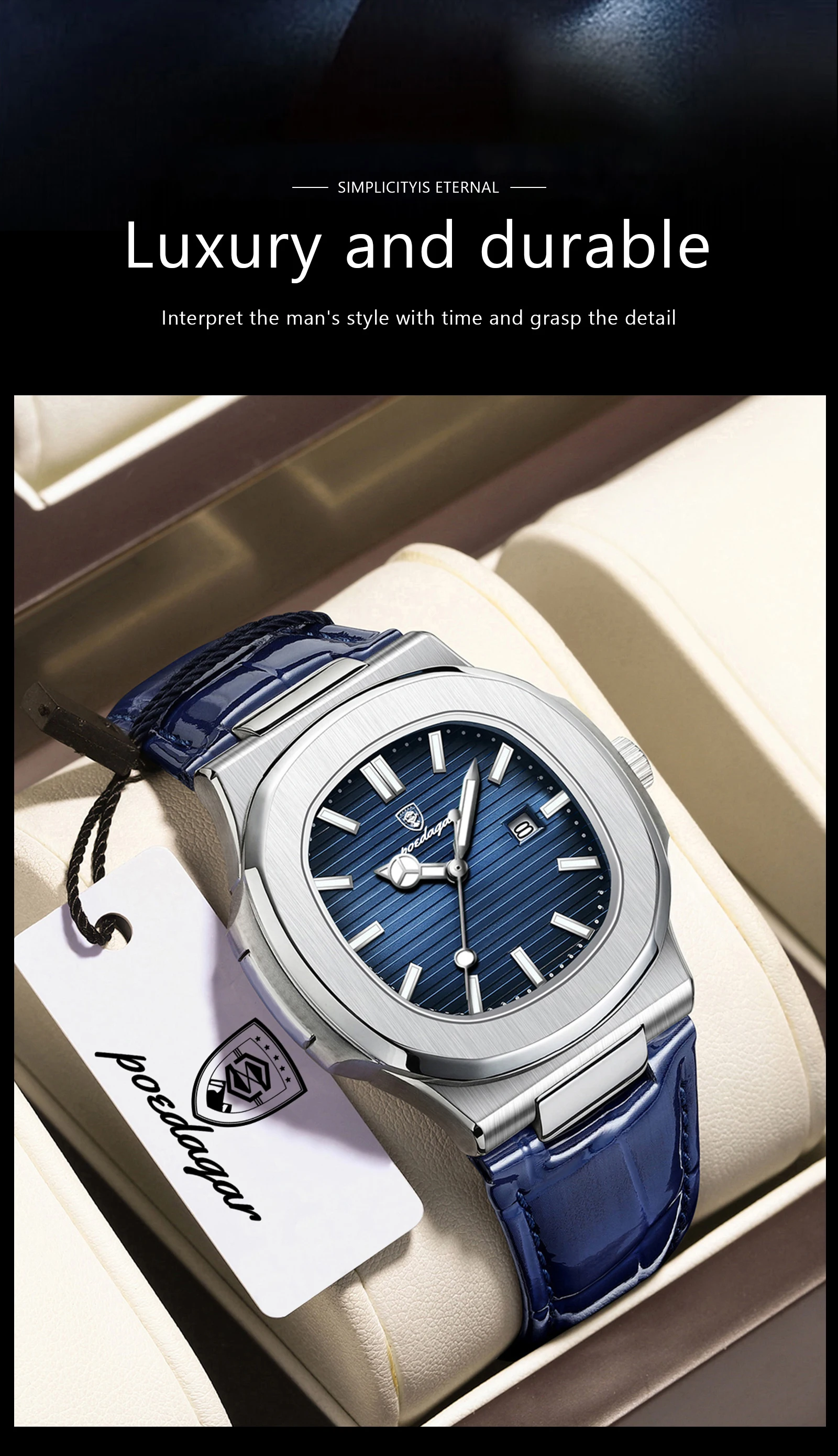 POEDAGAR Top Platz Mann Uhr Datum Wasserdicht Leucht Luxus Männer Armbanduhr Hohe Qualität Leder herren Quarz Uhren + Box reloj – Detail 12