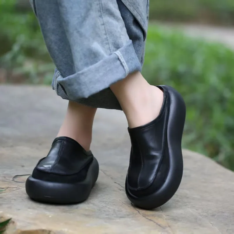 Genuine Leather Women's Fashion Wedge Slippers Luxury Handmade Breathable Comfortable 2026 Autumn New Retro Sandals Shoes Woman