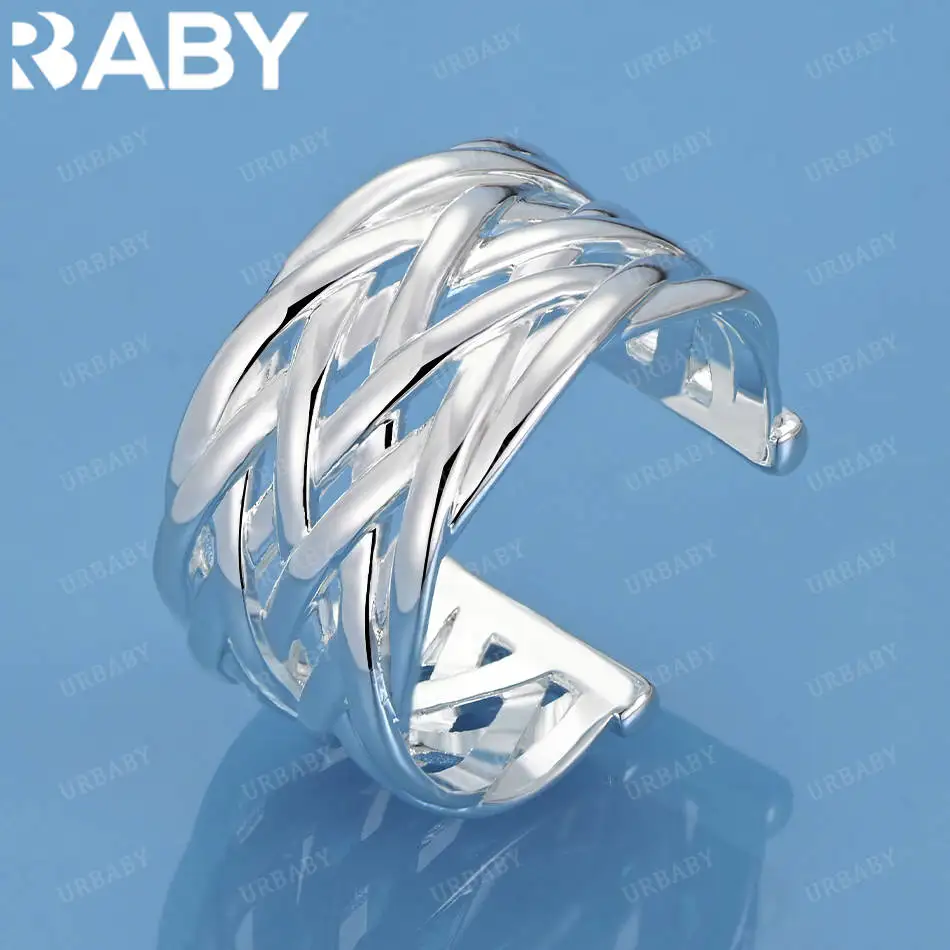 

URBABY 925 Sterling Silver Weaving Wide Open Ring For Women Men Fashion Jewelry Vintage Grace Charm Noble Party Birthday Gifts