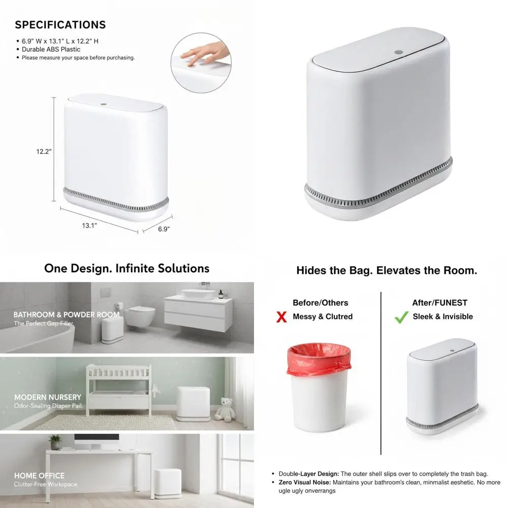 

Slim 3-Gallon Locking Trash Can for Compact Spaces: Ideal for Bathroom, Kitchen, Office, and Bedroom in White