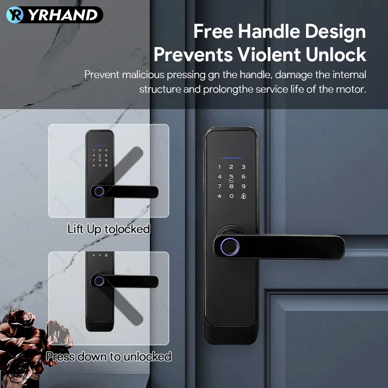 YRHAND-Fingerprint Door Lock para Casa, Matt Black, TTLock, Smart App, Cartão de Código, Chave, Segurança Digital, Fechadura Eletrônica, Segurança