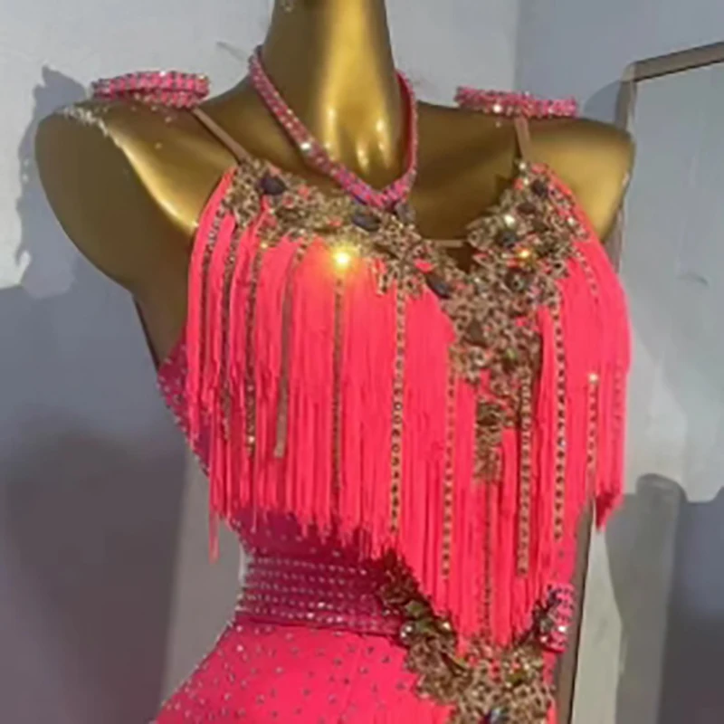 

Latin Dance Competition Women's High-end Custom Handmade Tassel Diamond Rumba Tango Performance Black Pool Dress