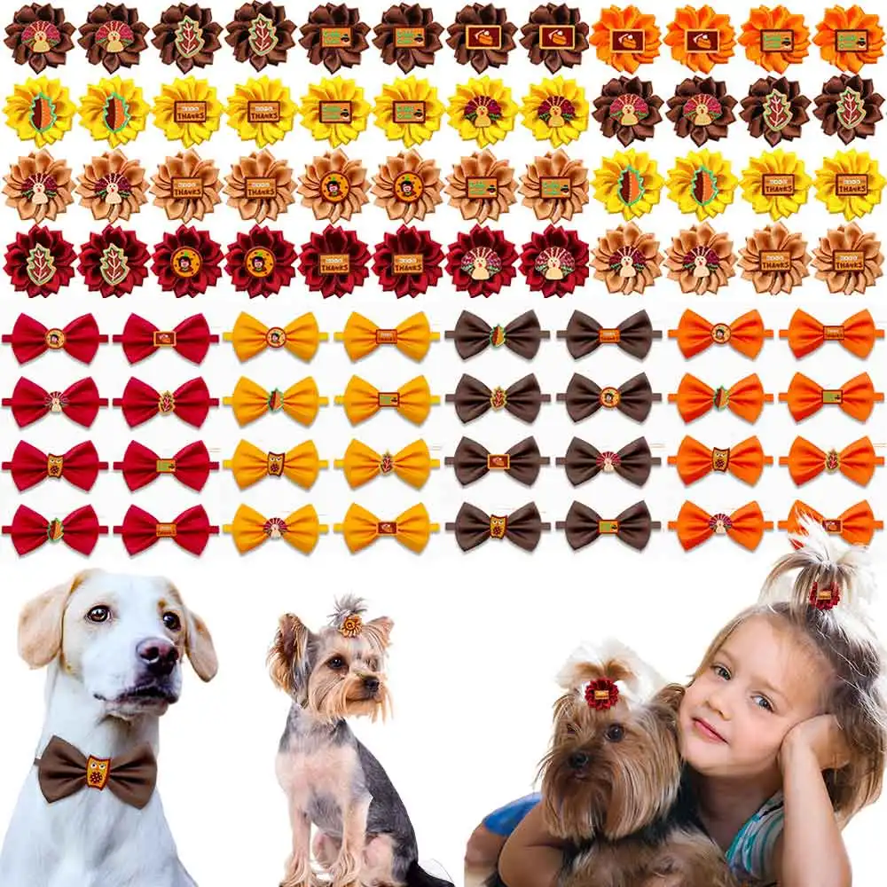 20/50PCS Thanksgiving Dog Accessories Dog Bows With Rubber Bands Adjustable Pet Dog Bow Ties Pet Grooming Accessories For Dogs