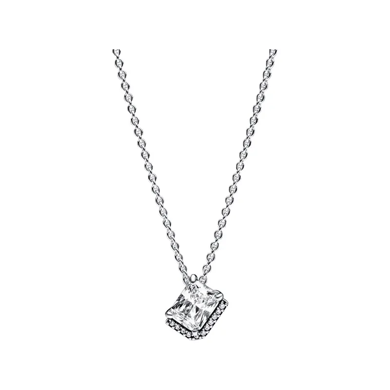 

Rectangular Halo Pendants Collier Necklaces For Women 925 Sterling Silver Jewelry 45cm Link Chain Chokers Lobster Clasp Clear CZ