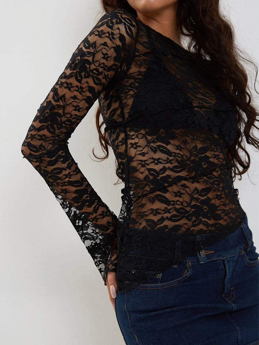 Sexy Black T Shirt Women Long Sleeve Crewneck Fitted Crop Tops Y2K Lace Floral Blouse Summer Party Female Clothes Streetwear