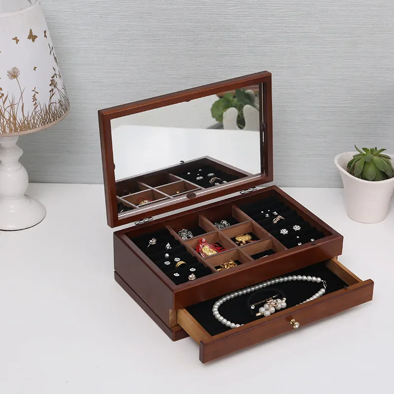 Wood Jewelry Box Velvet Drawer Ring Necklace Earrings Jewelry Boxes Organizer Bangles Display Tray Accessories Separator Storage