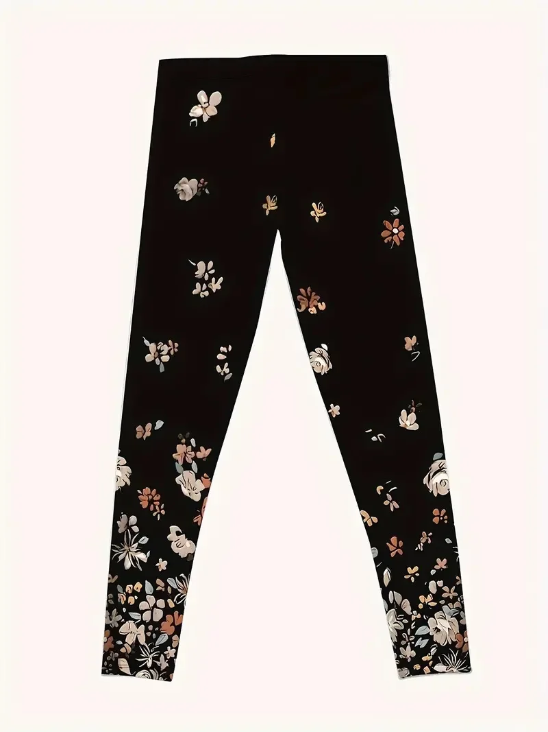 Flower print tight stretch elastic waist casual leggings for women spring and summer wear