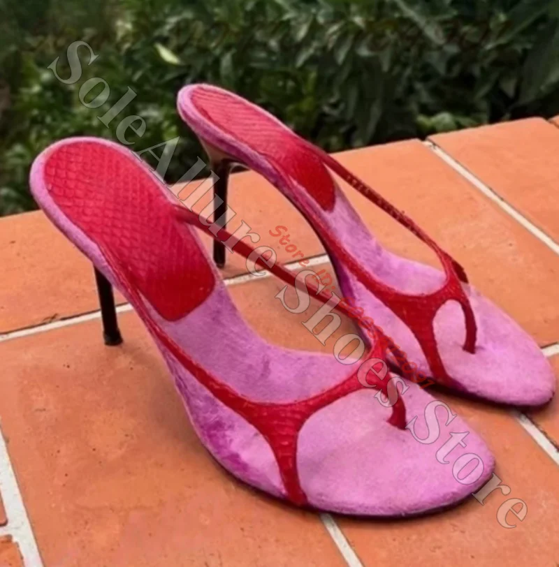 Pink Velvet Thong Stiletto Mule Sandals Red Snake Skin Thin Strap Slip On Open Toe Heel Mules Y2K Romantic Women Sandals