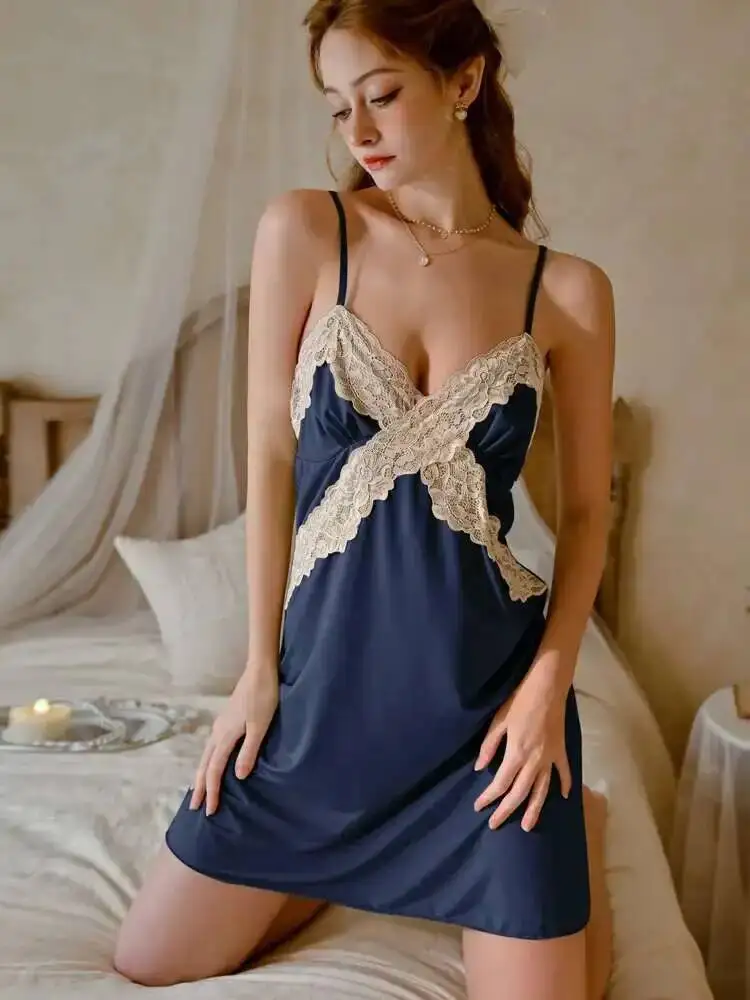 Seksowna, czysta pożądanie, swobodny styl, koronkowa sukienka, odkryte plecy, głęboki dekolt w serek, ramiączka, bez rękawów, elegancka, urocza, piękna dla kobiet 8MT6