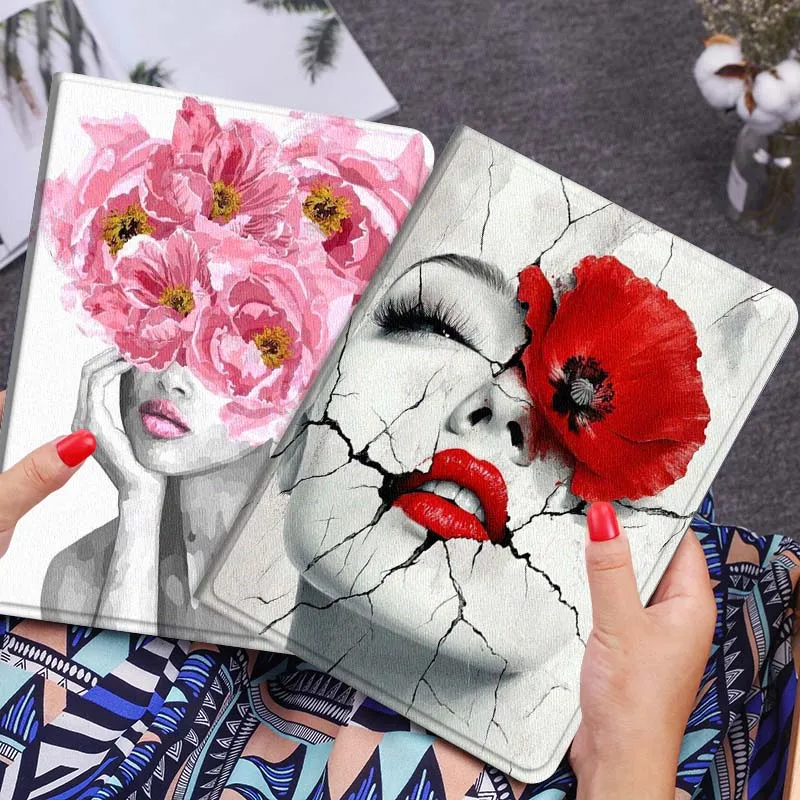 

Cracked Face Red Flower Tablet Case For Lenovo Xiaoxin Legion Pad Tab Pro GT Y700 Gen4 2 11 P11 M10 K10 3rd Plus Gen Gift