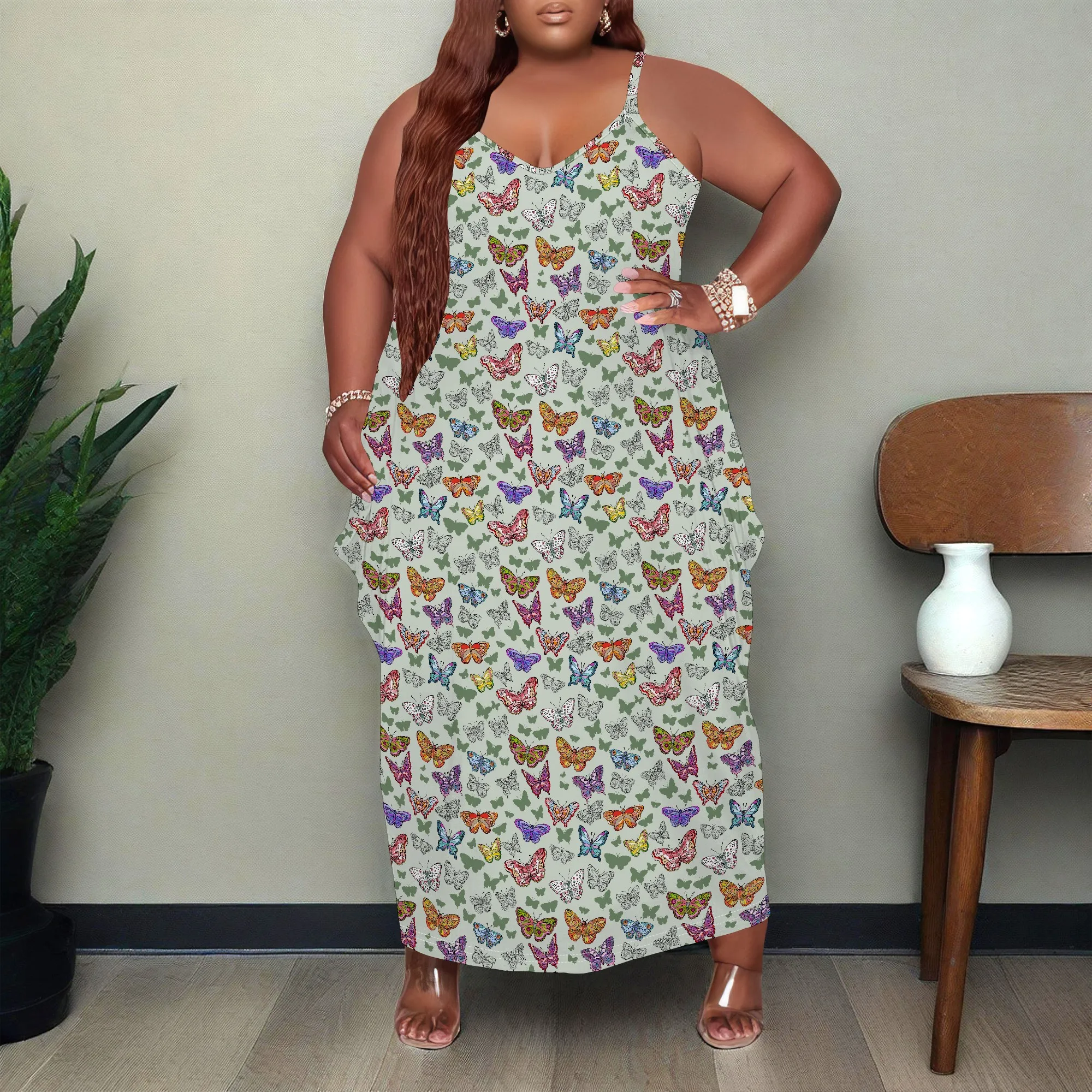 여성용 플러스 사이즈 드레스 포켓이 있는 루즈한 홀터 롱 드레스 통기성 소박한 나비 프린트 XL-6XL ​