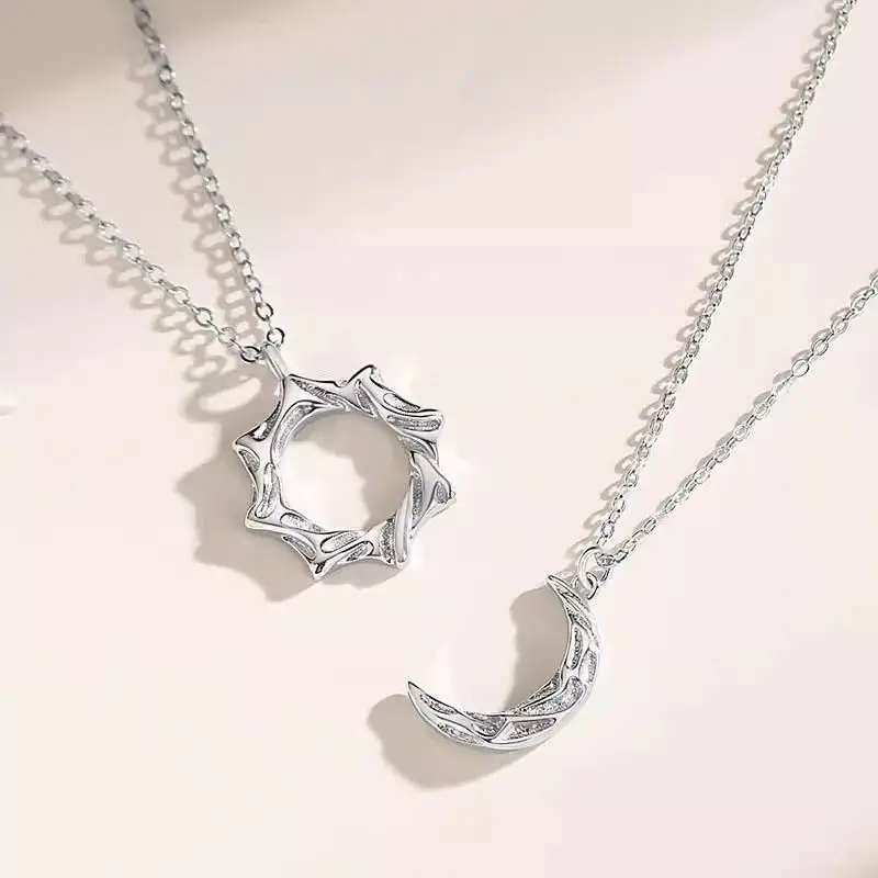 Sun Moon Interlocking Couple Necklaces S925 Sterling Silver Matching Set Love Token for Valentine's/Birthdays