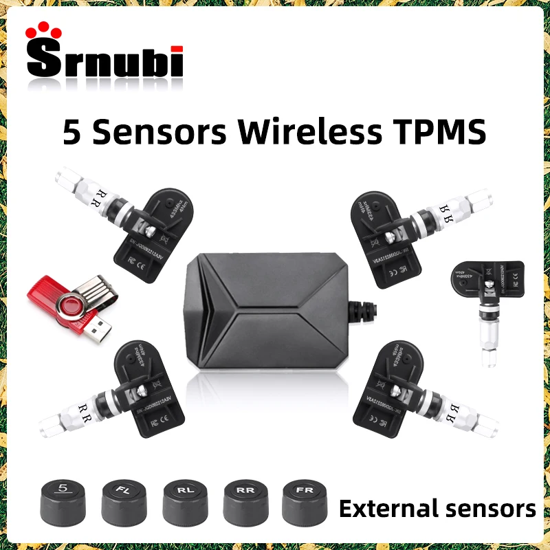 5Sensors USB Wireless TPMS Car Tire Pressure Alarm Monitor System For vehicle Android Player Temperature Warning For Spare Wheel