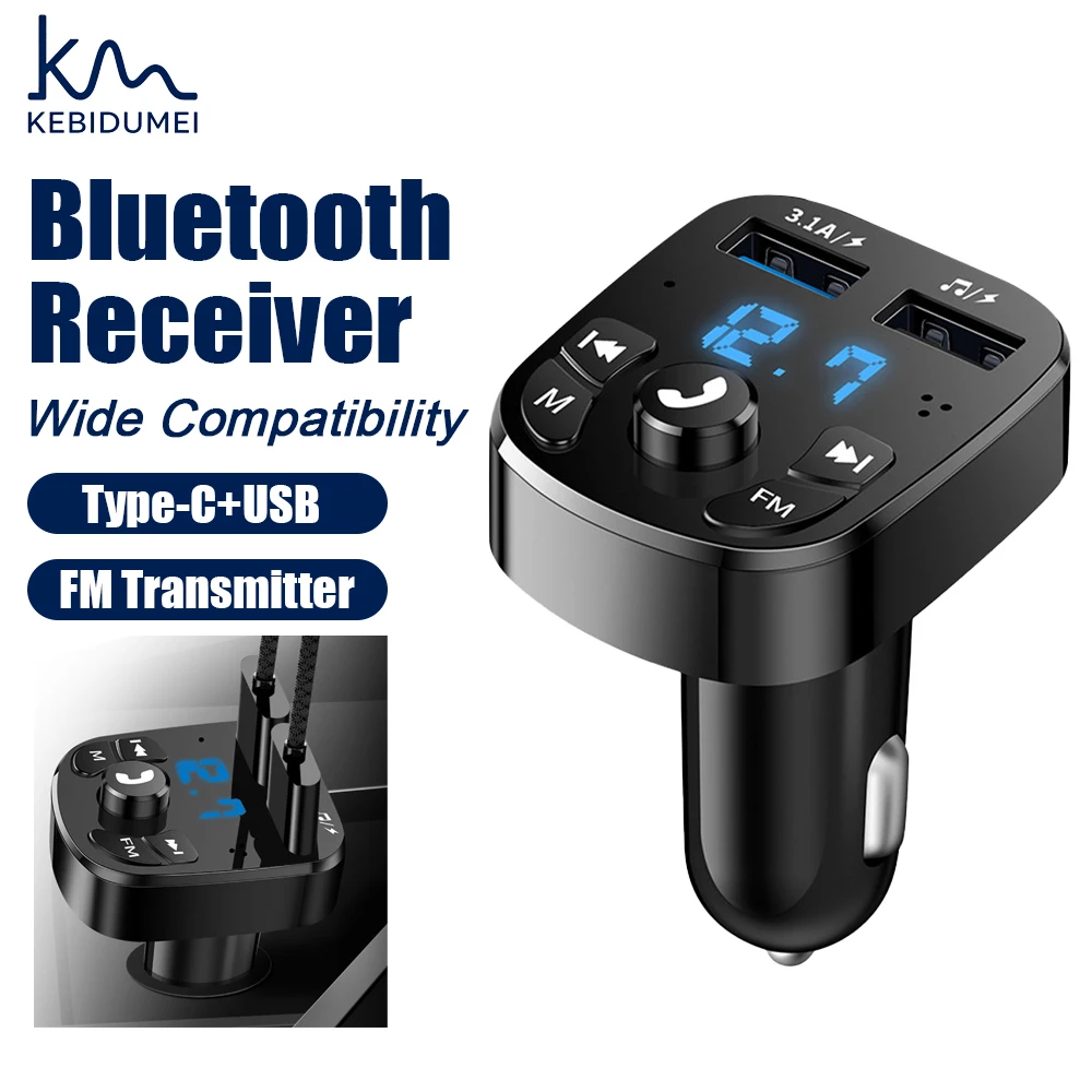 

KEBIDUMEI Car Charger FM Transmitter Auto Bluetooth 5.0 3.1A Dual USB Port Hands-free MP3 Modulator Music Player Car Accessories