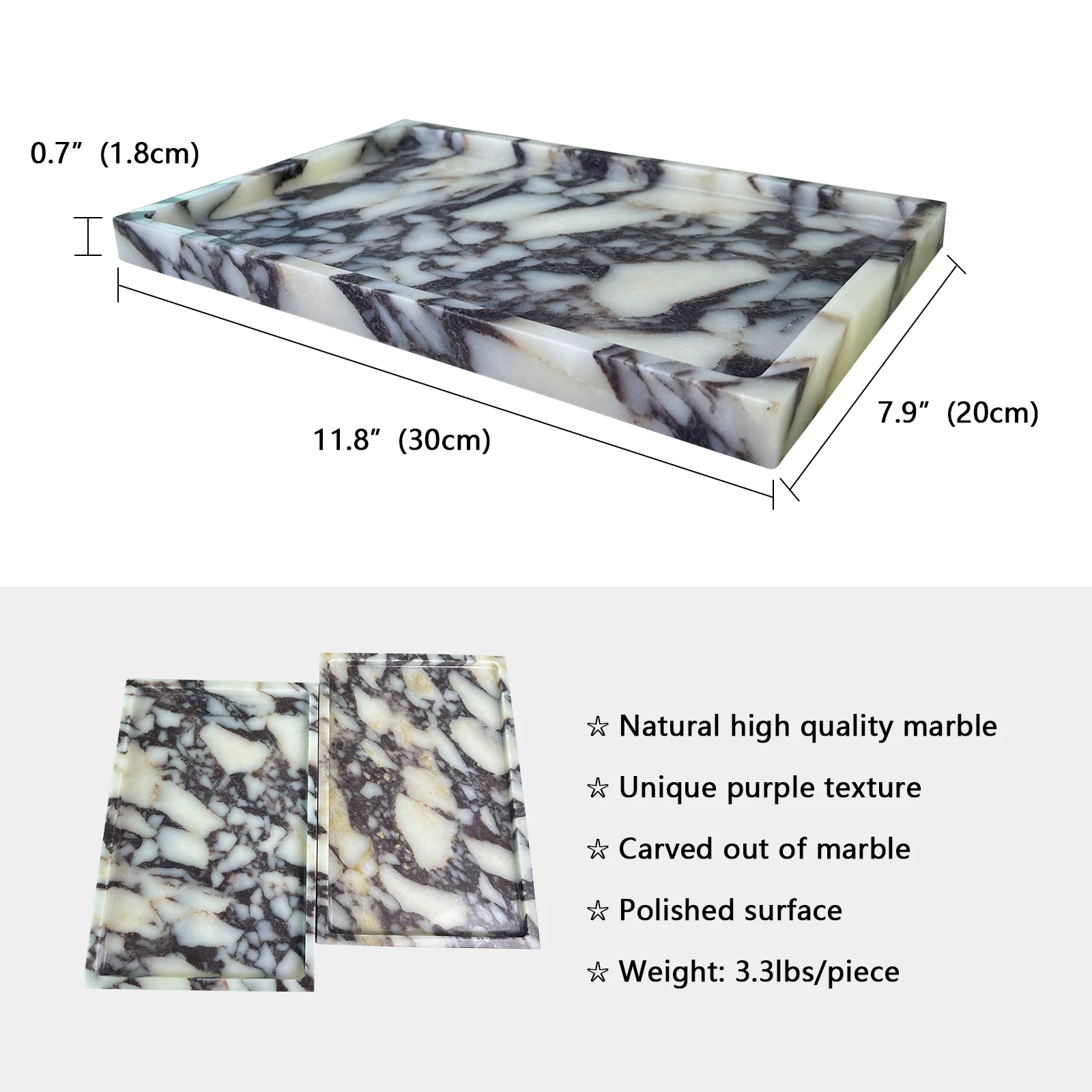 Luxurious Natural Marble Tray Calcutta Viola Storage Tray for Desktop/Kitchen/Vanity/Bathroom (12\