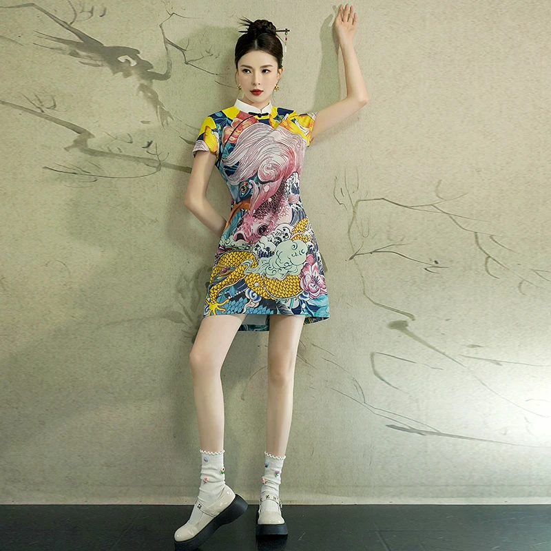 Bodycon سليم صالح ثوب مسائي أنيق النمط الصيني الحديث فستان تشيباو الأصفر - كوي التنين طباعة شيونغسام #3