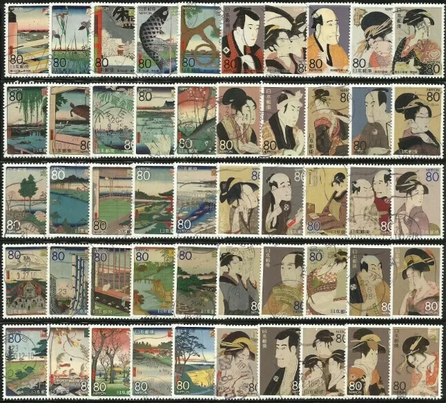 50 PCS Japanese Ukiyoe Stamps,High Quaility,Real Original,Stamp Collection,Used with Post Mark