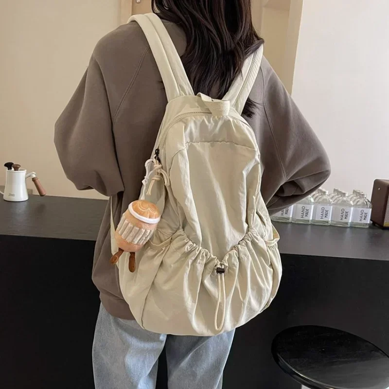 Casual Backpack Women Large Capacity Fashion Junior High School Student Pleat Schoolbag Cloth Bag Korean Travel Backpack