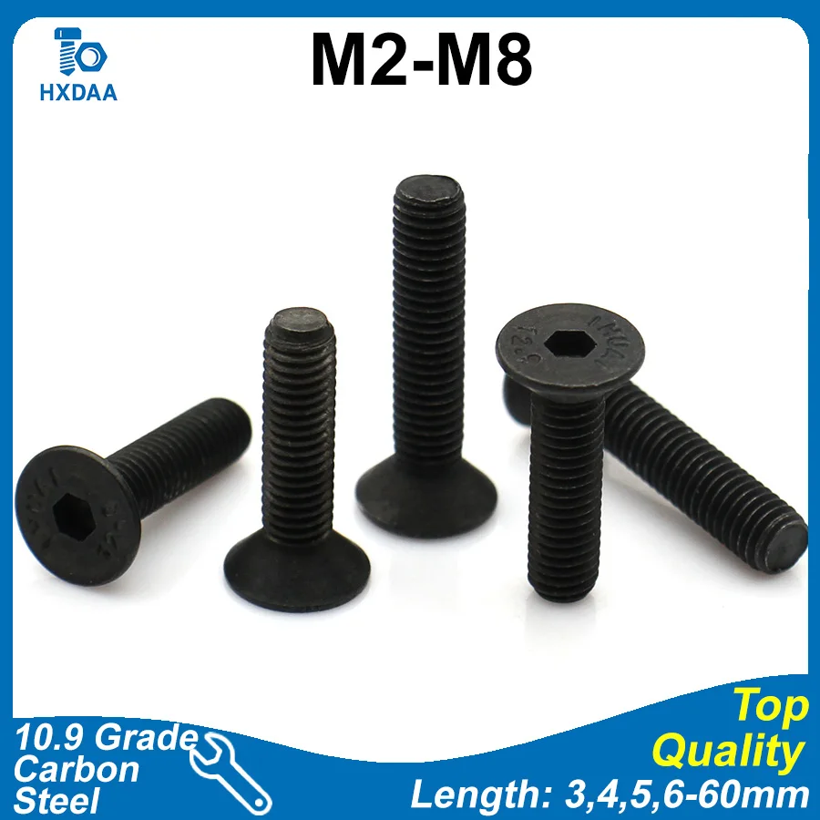 5-50pcs Grade 10.9 Carbon Steel Hex Socket Flat Countersunk Head Screws Black Oxide Allen Bolts M2 M2.5 M3 M4 M5 M6 M8