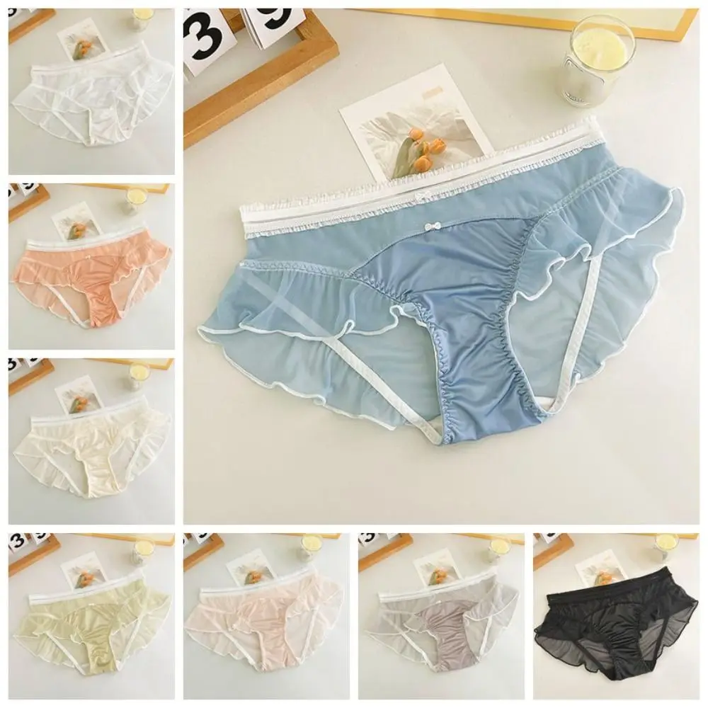 

2pcs Sweet Patchwork Satin Silk Panties Seamless Transparent Lace Bowknot Briefs Women Lingeries Ruffle Women's Underpants Girl