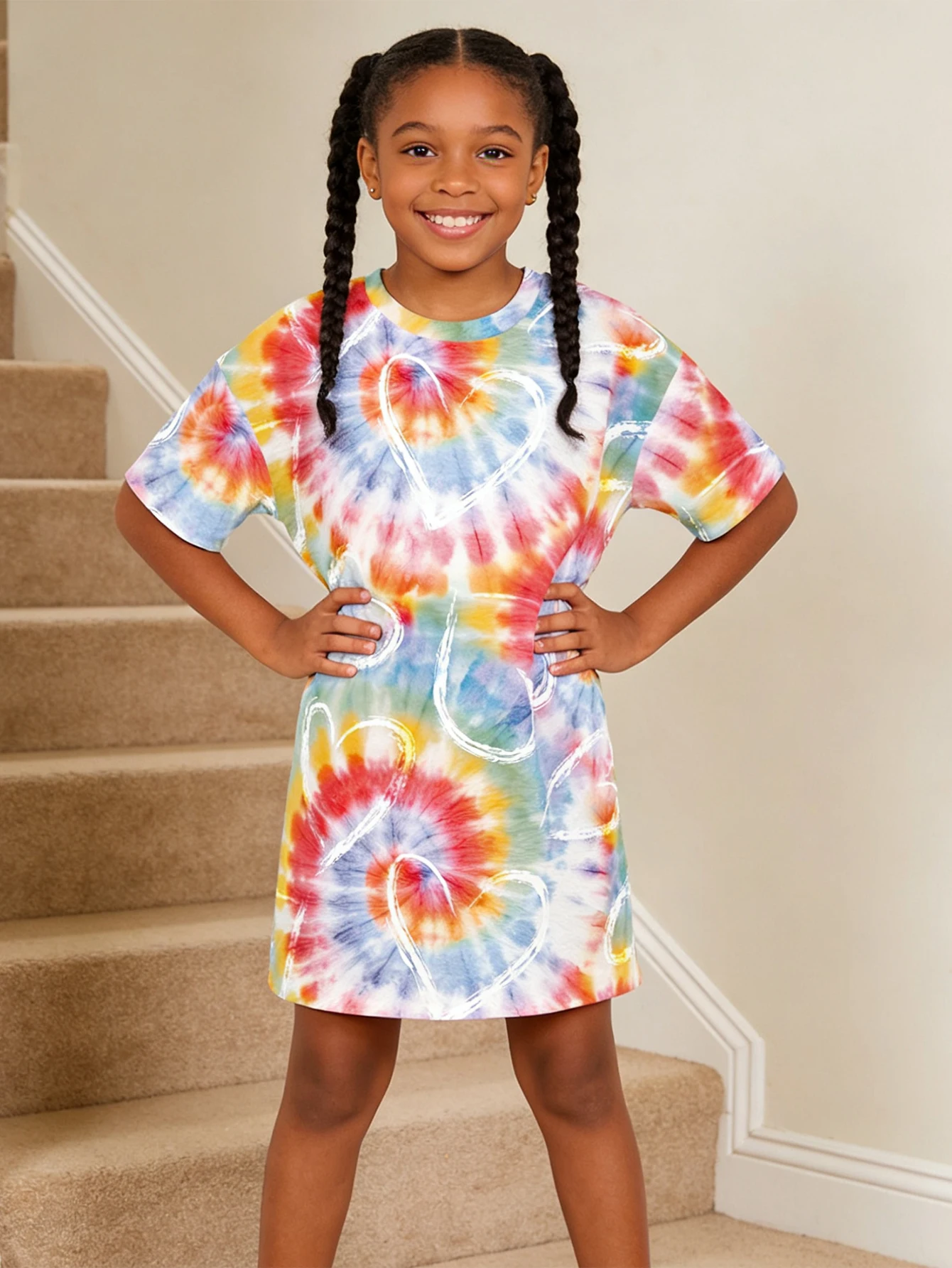 

2026 Girls Rainbow Tie-Dye Love Color Spiral, Short Sleeve Loose Medium and Older T-Shirt Skirt