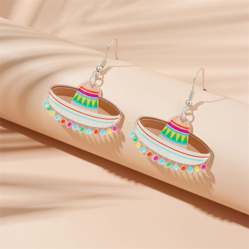 MEYRROYU 2023 New Mexican Festival Ethnic Style Drop Earrings For Women Acrylic Colorful Hat Bohemian Holiday Party Jewelry