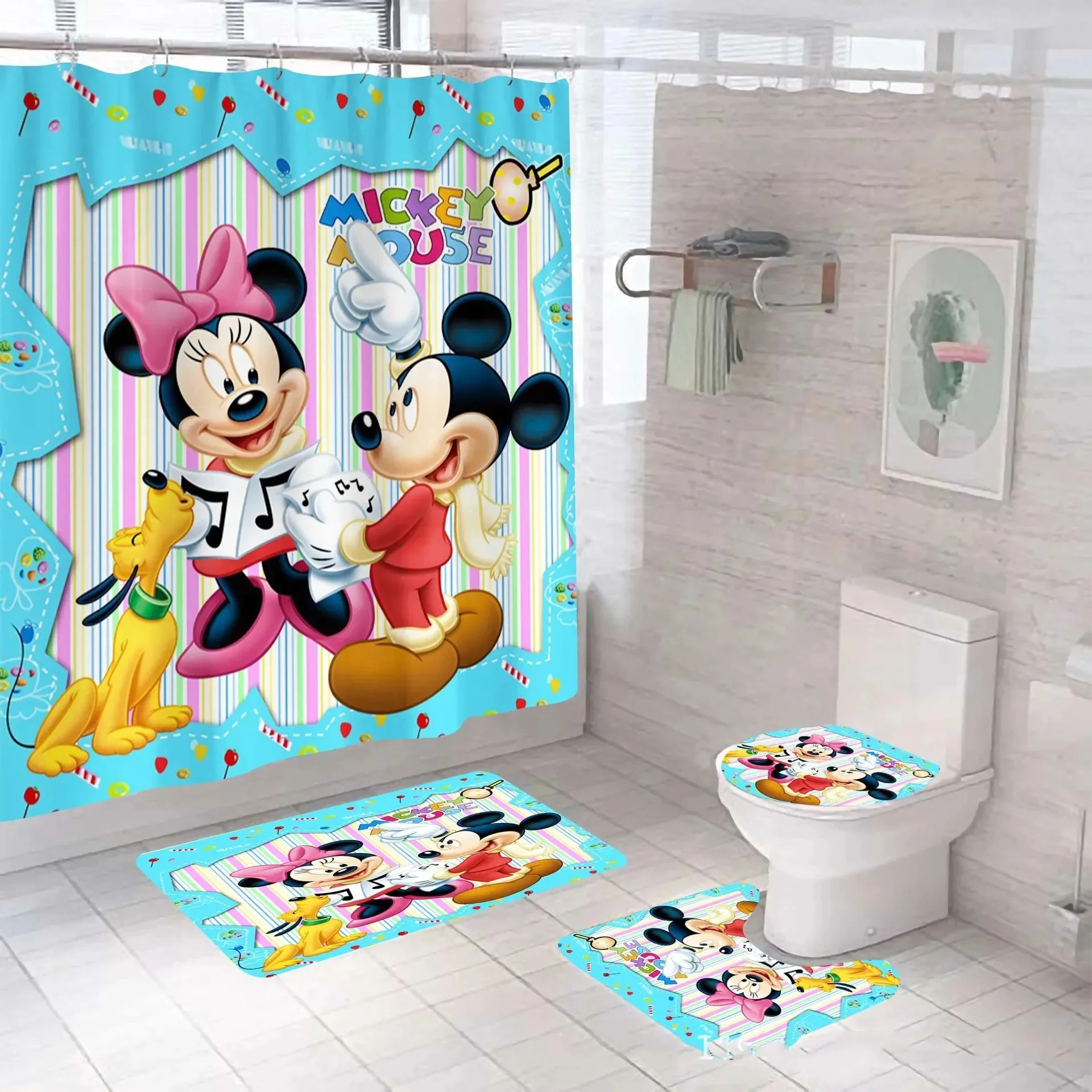 Mickey Minnie 4pcs Shower Curtain Waterproof Bath Curtain Carpet Toilet Mat Cartoon Anime Bathroom Decoration Bath Cover Hook