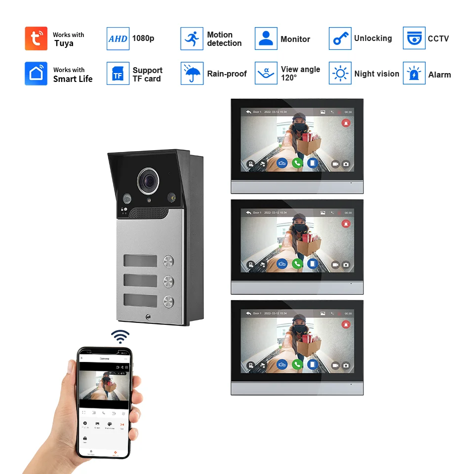 2/3/4Units Tuya Wifi Building Video Doorbell 1080P 10inch Big Screen Touchscreen Smart App Home Intercom Video Door Phone Kit