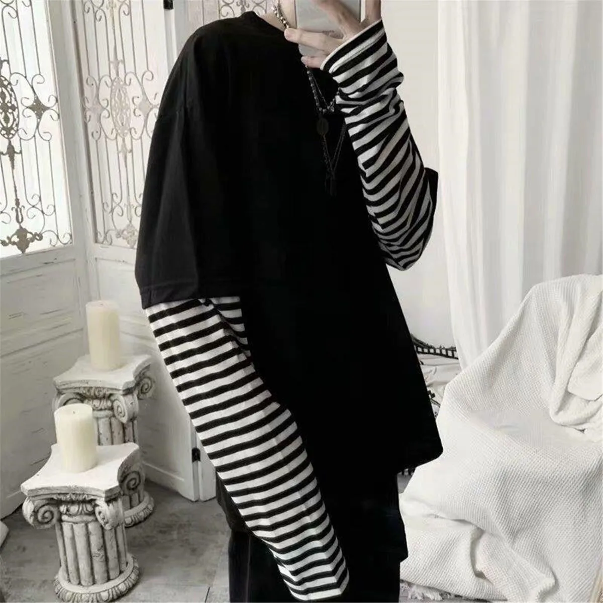 Neue Harajuku Schwarz-Weiß Gestreifte Y2K Langarm-T-Shirts in Unifarben für Herren und Damen, Herbst, Fake-Zweiteiler, Langarm, Locker Sitzend – Detail 2