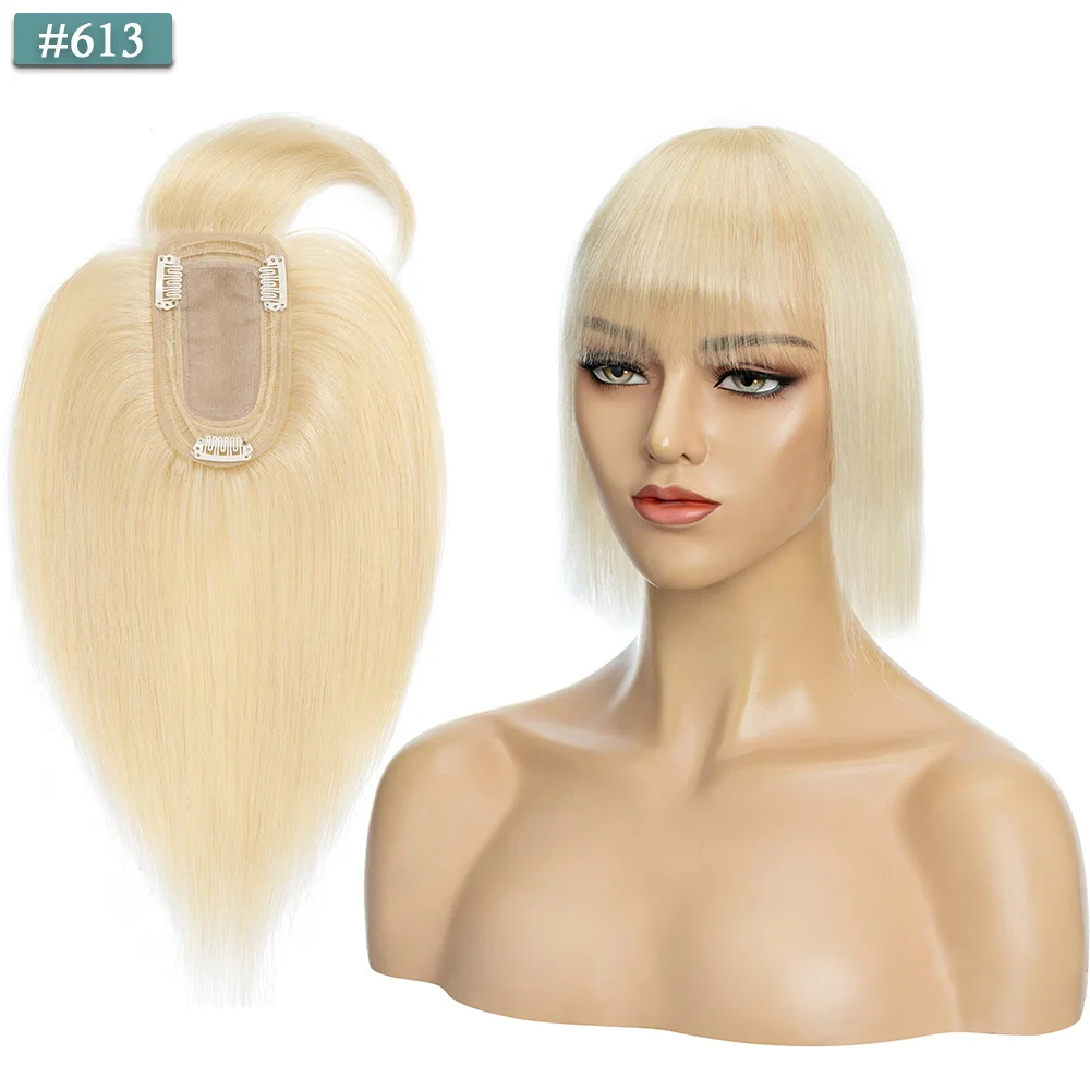 SEGO 7x13CM Echthaar-Topper mit Pony für Frauen, Seidenbasis, natürliche Haarteile, Perücken für Haarausfall, Volumenabdeckung, graues Haar – Detail 25