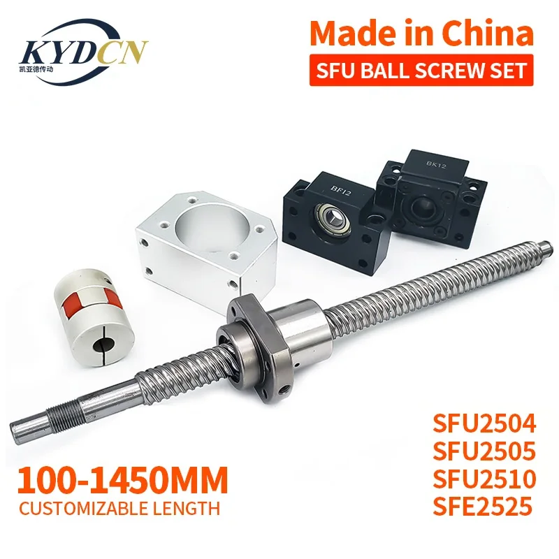 KYDCN SFU2504 2505 2510 SFE2525 End Machining Ball Screw with Ball Nut, Nut Housing, BK/BF20 End Support, and Coupler for CNC