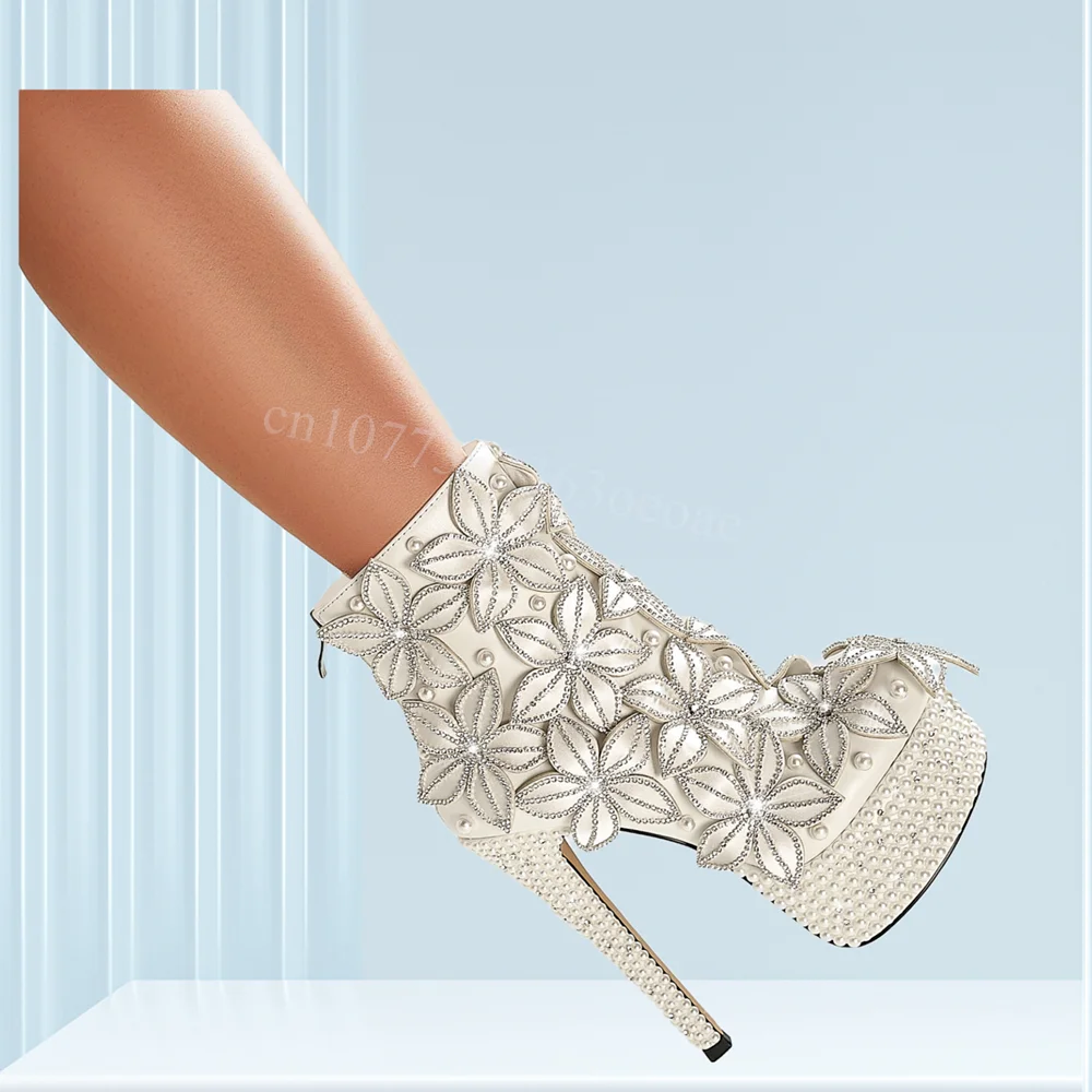 

Crystal Flower Ankle Boots Platform Silver Sexy Shoes for Women Thin High Heels Fashion Walking Shoes 2025 Zapatos Para Mujere