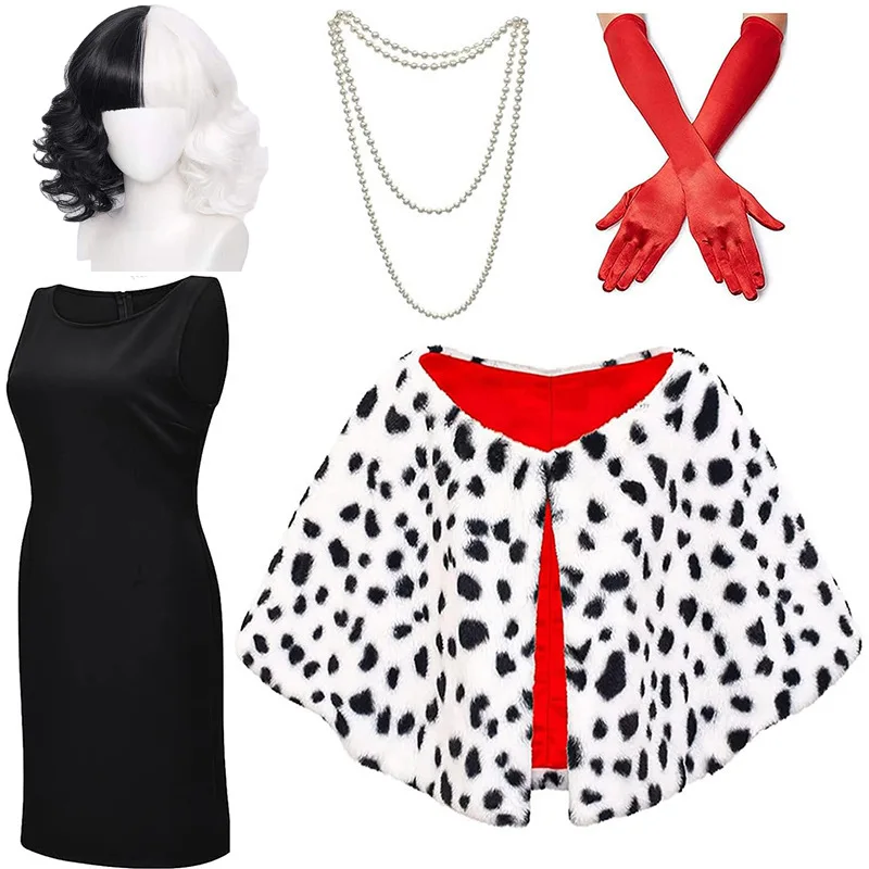 

Halloween Black and White Witch Cosplay Cruella, Cape Dalmatian Cape Wig Gloves Necklace Party Outfit