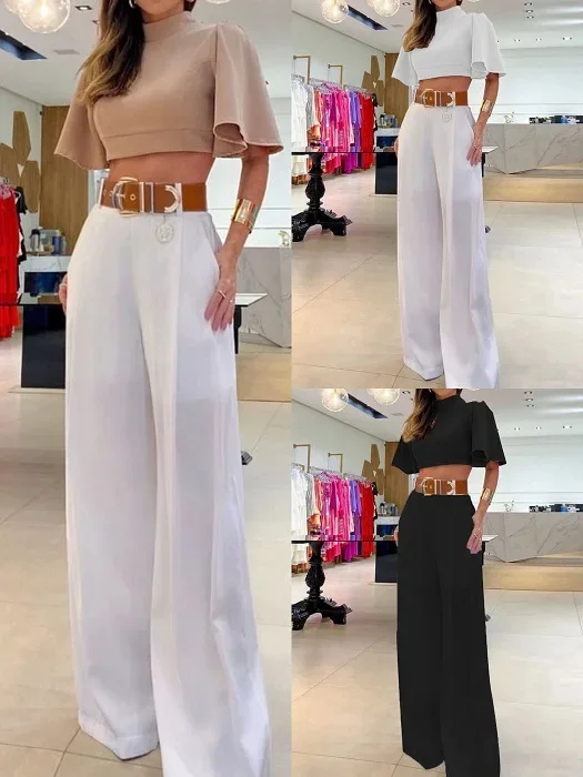 

2025 Summer New Casual Pants Set Fashion Solid Color Women's Two Piece High Waist Wide Leg Pants Short Sleeve Open Back Top